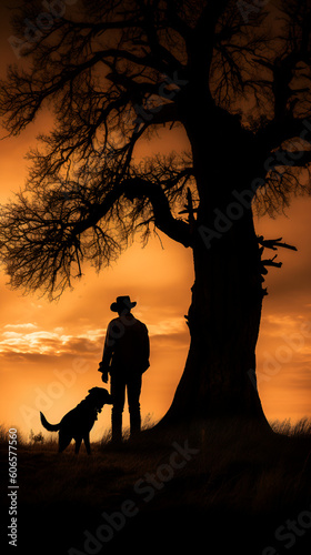 A cowboy and his dog standing by a tree at sunset  Generative AI