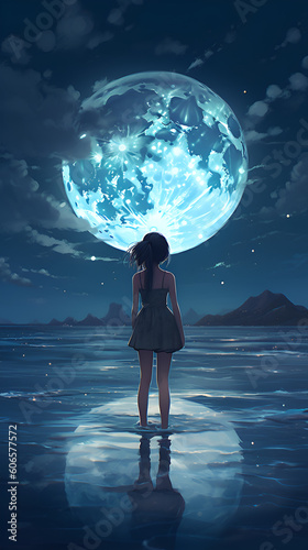 Girl is standing in water by the shore looking at a magnificent moon in the sky, Generative AI