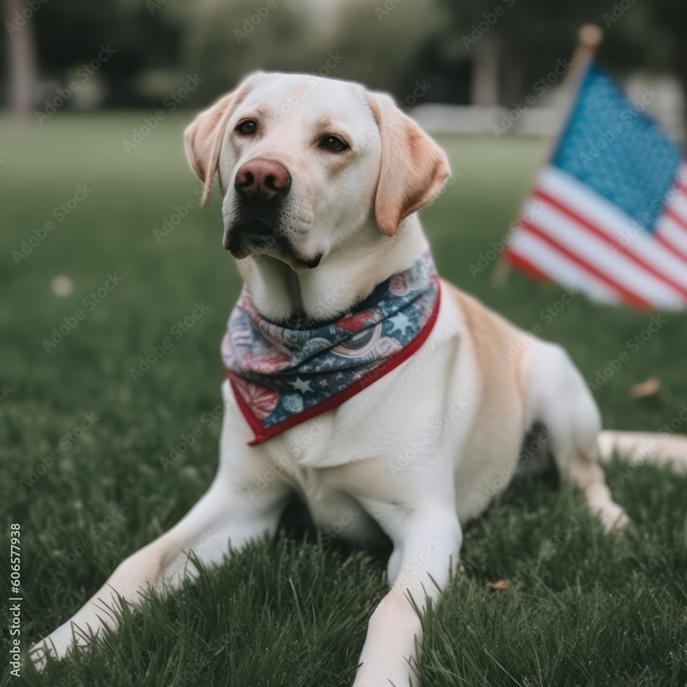 Cute golden retriever dog in a clearing with the USA flag. memorial day celebration. Generative AI Cute golden retriever dog in a clearing with the USA flag. memorial day celebration. Generative AI