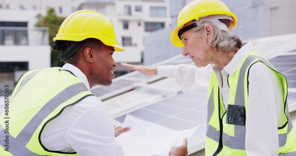 Business, engineer and employees outdoor, documents and discussion for new project, planning and deadline. Staff, black man and woman with hard hat, conversation and maintenance with contractor Business, engineer and employees outdoor, documents and discussion for new project, planning and deadline. Staff, black man and woman with hard hat, conversation and maintenance with contractor