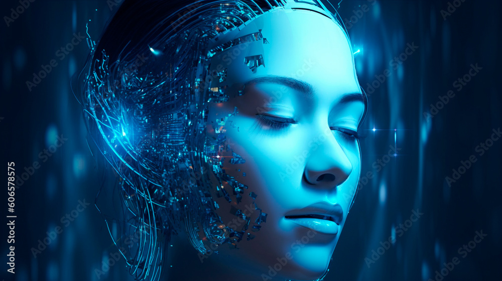 Concept of artificial intelligence. Human face in blue colors. Generative AI Concept of artificial intelligence. Human face in blue colors. Generative AI