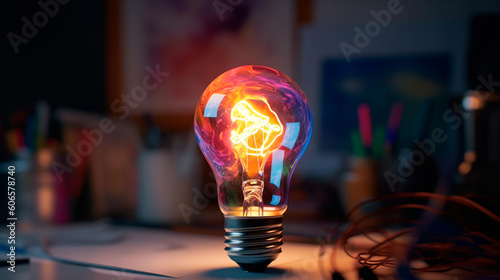 Creativity concept, with lightbulb made from oil paint mix. Generative AI