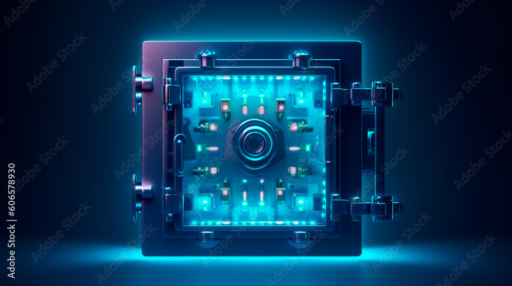 Cyber security concept and digital data protection with a locker in a blue background created with. Generative AI Cyber security concept and digital data protection with a locker in a blue background created with. Generative AI