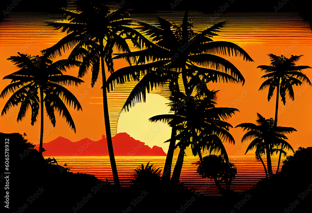 palm trees and sunset with seaside in madagaskar Generative AI
