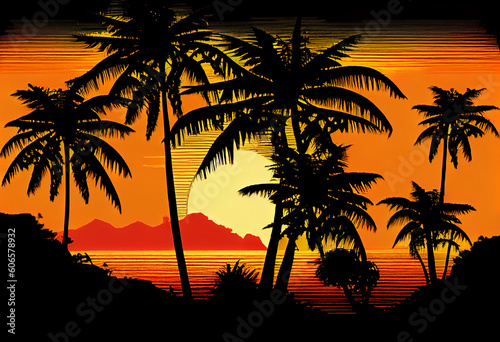 palm trees and sunset with seaside in madagaskar Generative AI © HASAN