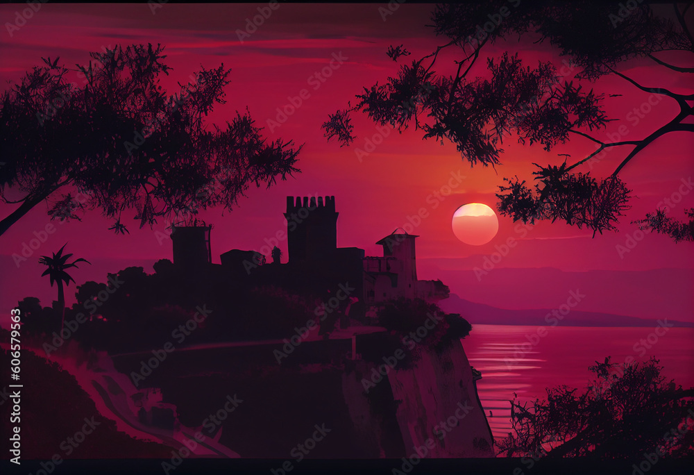 okyanusu ortasında ada and sunset with pink sky Generative AI