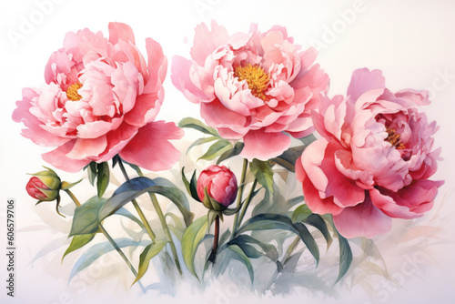 Watercolor painting  white and pink peonies on abstract watercolor background. Generative AI.