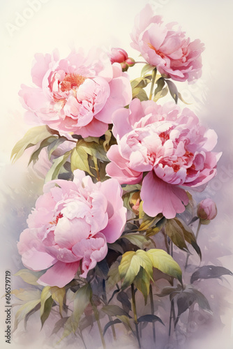 Watercolor painting, white and pink peonies on abstract watercolor background. Generative AI. © britaseifert