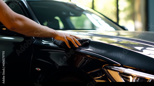 A man cleaning black car with microfiber cloth, car detailing. Generative AI © Fantastic