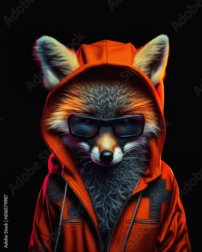 Cool young DJ fox in sunglasses in colorful neon light enjoys the music. Generative AI.