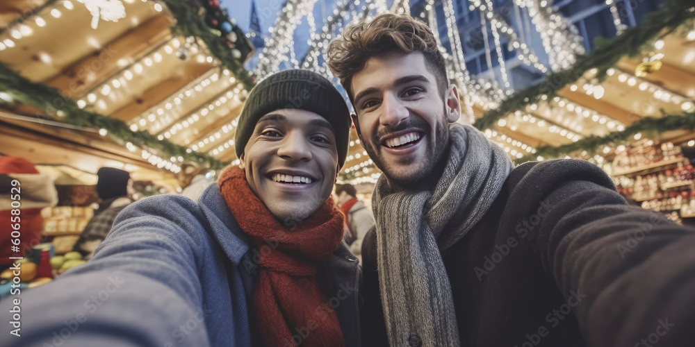 Male couple taking selfie outdoors during christmas holidays. Generative AI.