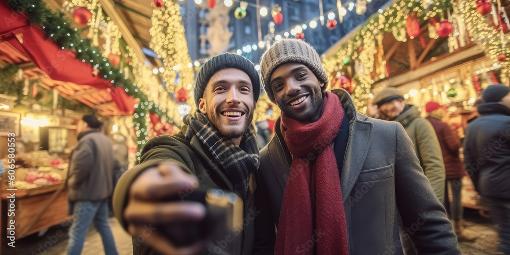 Φωτογραφία Diverse gay couple taking selfie on christmas market with golden lights bokeh background