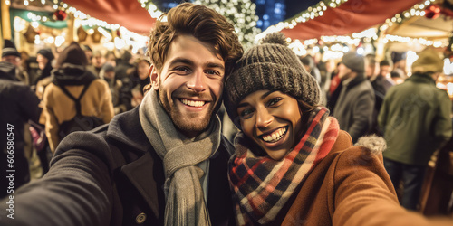 Diverse couple smiling taking selfie on christmas market. Generative AI.