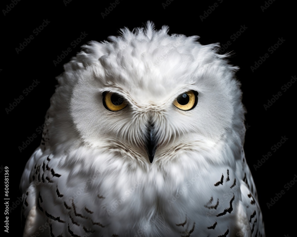 Obraz premium A white owl portrait against black. (Generative AI)