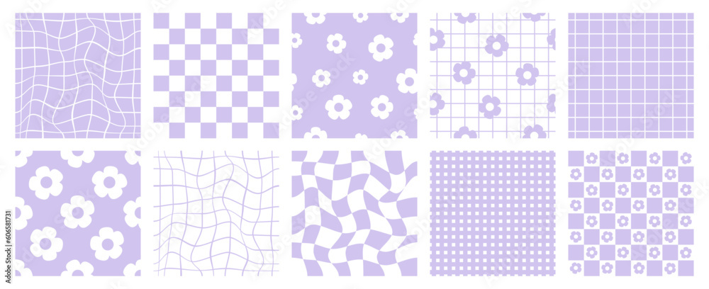 Retro checkered seamless pattern set. Pastel purple and white vintage aesthetic pattern set. Groovy, funky, trippy, psychedelic, floral, hippie, 60s, 70s, checkerboard, distorted grid patterns. 