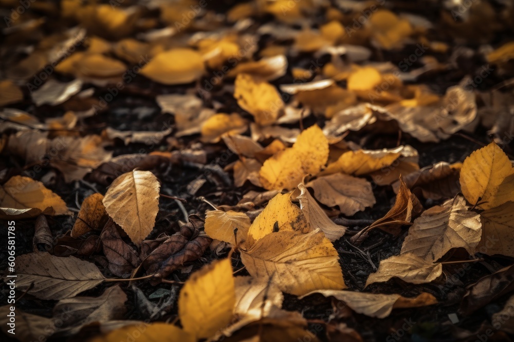Yellow autumn leaves on the ground, Generative ai