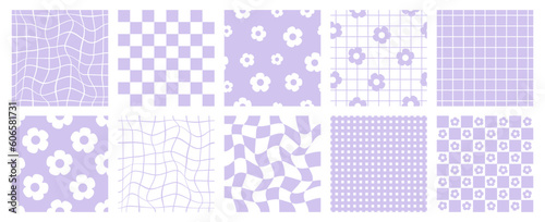 Retro checkered seamless pattern set. Pastel purple and white vintage aesthetic pattern set. Groovy, funky, trippy, psychedelic, floral, hippie, 60s, 70s, checkerboard, distorted grid patterns. 