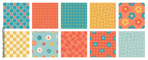 Retro checkered seamless pattern set. Colorful vintage aesthetic pattern set. Groovy, funky, trippy, psychedelic, floral, hippie, 60s, 70s, checkerboard, distorted grid patterns. 