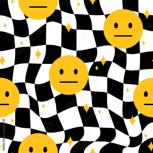 Vintage checkered, trippy grid seamless pattern with smiles. Hand-drawn vector Illustration. 60s 70s seventies style, Groovy background, wallpaper. flat Design, hippie Aesthetic.