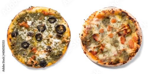 Rotten moldy pizza, isolated background. Generative Ai