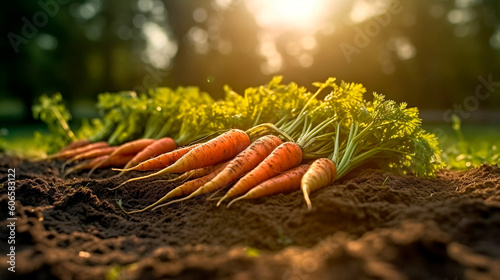 Freshly picked carrots on the soil in a field of a farm  agriculture and vegetables farming concept. Generative AI