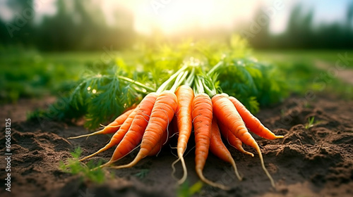 Freshly picked carrots on the soil in a field of a farm, agriculture and vegetables farming concept. Generative AI photo
