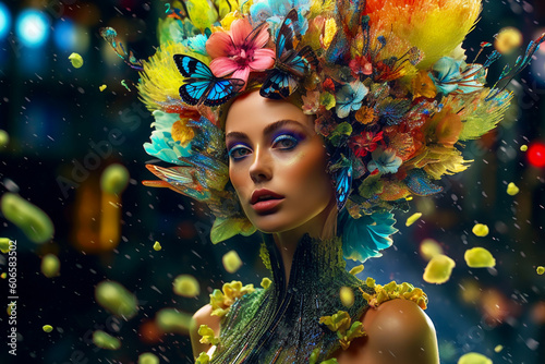 portrait of a woman with flowers, glam, glamour, make-up