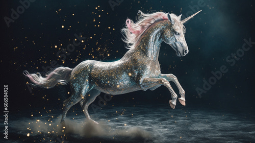 Majestic and Magical Unicorn Covered in Luminescent Glitter with Dramatic Background and Studio Lighting - Generative AI