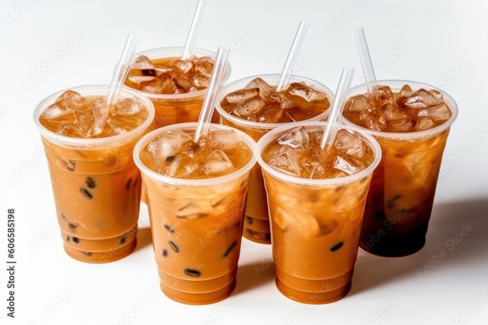 Iced coffee in plastic cups with straw isolated Cinematic Editorial Food Photography Iced coffee in plastic cups with straw isolated Cinematic Editorial Food Photography