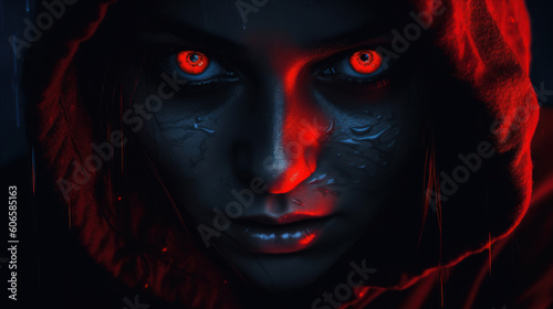 Night's Fiery Gaze: Red Glowing Eyes Illuminating the Darkness. Generative AI © Sascha