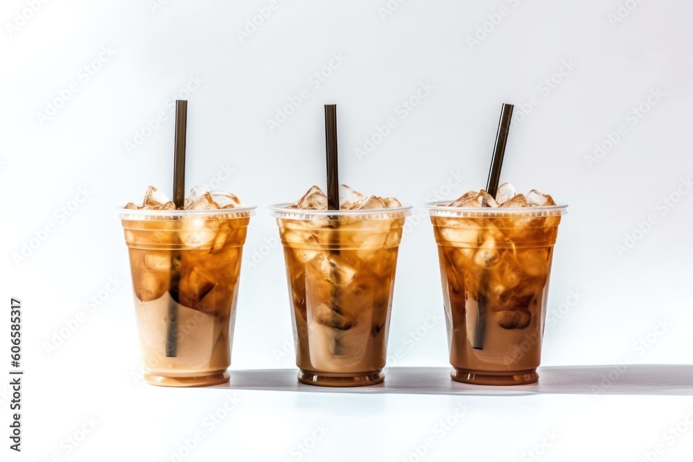 Iced coffee in plastic cups with straw isolated Cinematic Editorial Food Photography Iced coffee in plastic cups with straw isolated Cinematic Editorial Food Photography
