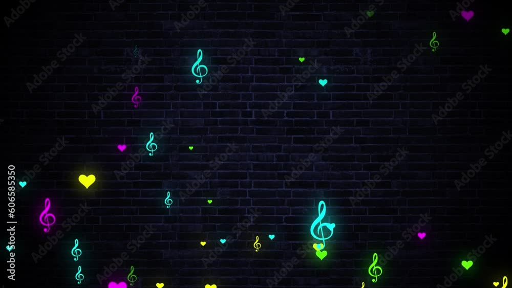 neon musical notes and hearts flying on brick wall background, 4k loop animation, love and music concept video