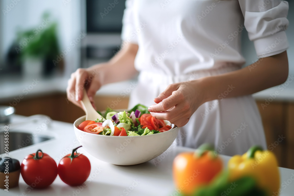 Woman preparing healthy salad in kitchen. Created with AI