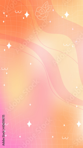 Trendy yellow orange pink blurry mesh gradient abstract storic template background with copy space and hand drawn Kawaii Y2K line and wave elements smooth and rounded doodles