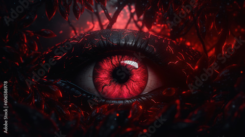 Crimson Eyes of the Night: Mystical Red Glow in the Darkness. Generative AI