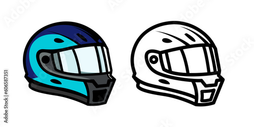 Motorbike safety helmet full face head protection black and white line drawing and colored vector illustration