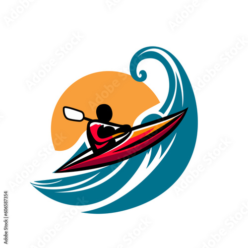 Kayak Watersports paddling on sea waves vector logo template clip art vector illustration