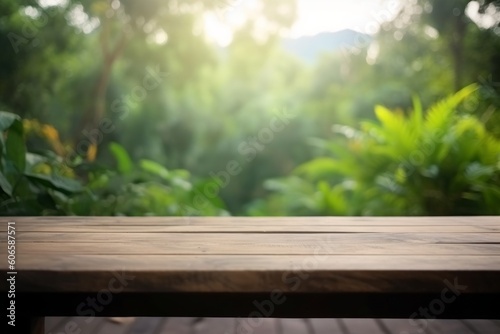 Wooden table and blurred green nature garden background, Generative ai