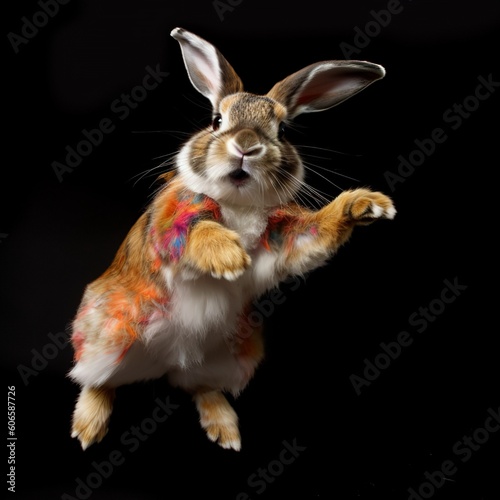 Harlequin Bunny Enjoying a Playful Hop, A Burst of Joy © Emojibb.Family