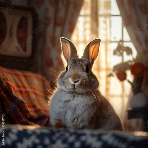 Harlequin Bunny in a Cozy Setting, A Picture of Serenity