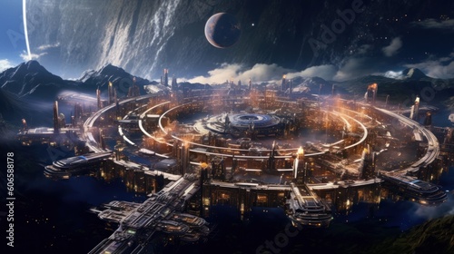 Massive space station orbiting a distant planet or a futuristic spaceport bustling with intergalactic travelers and traders