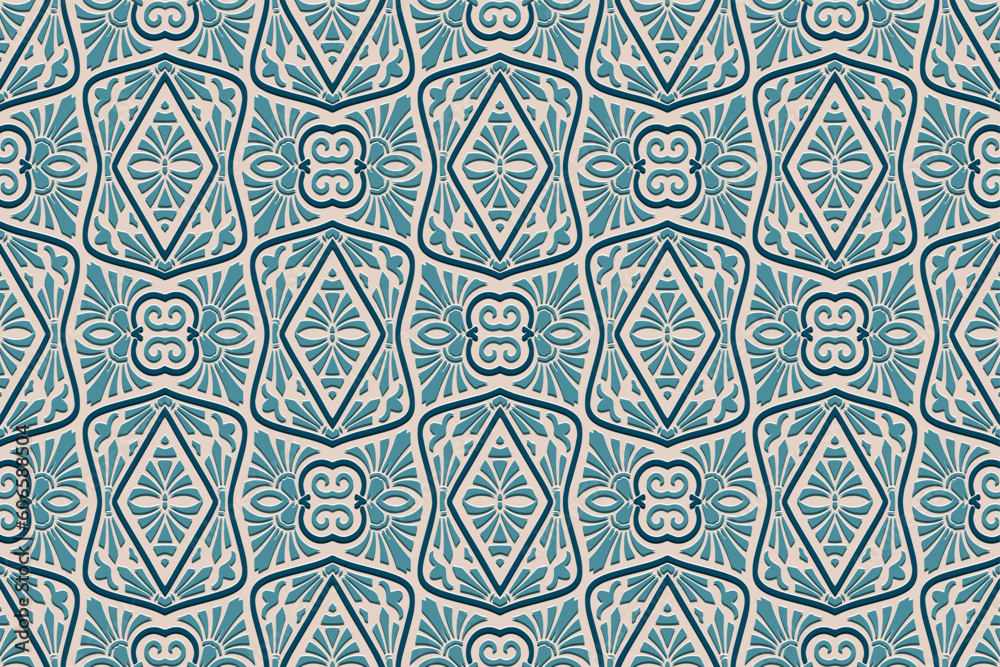 Embossed elegant light background, ethnic cover design. Geometric 3D pattern, press paper, leather. Boho, handmade. Tribal flavor, original art of the East, Asia, India, Mexico, Aztec, Peru.