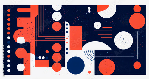 Set of retro geometric shapes pattern, graphic design-esque, dotted, geometric aesthetics, white, red, dark navy. Generative Ai Illustration.