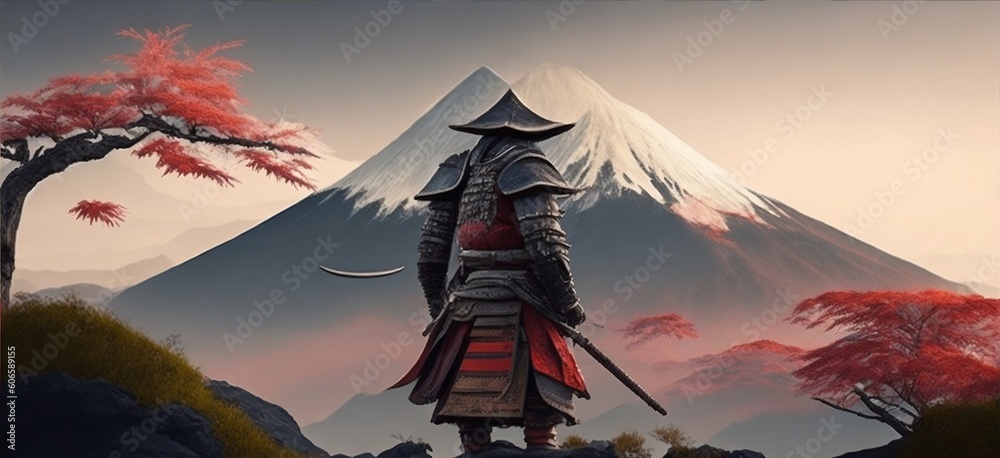 Japanese Samurai With Mountain On Background