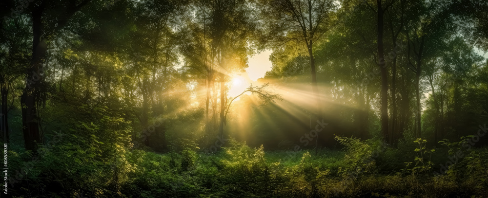 Sun God rays light shining on trees. Generative Ai Illustration.
Sun God rays light shining on trees. Generative Ai Illustration.