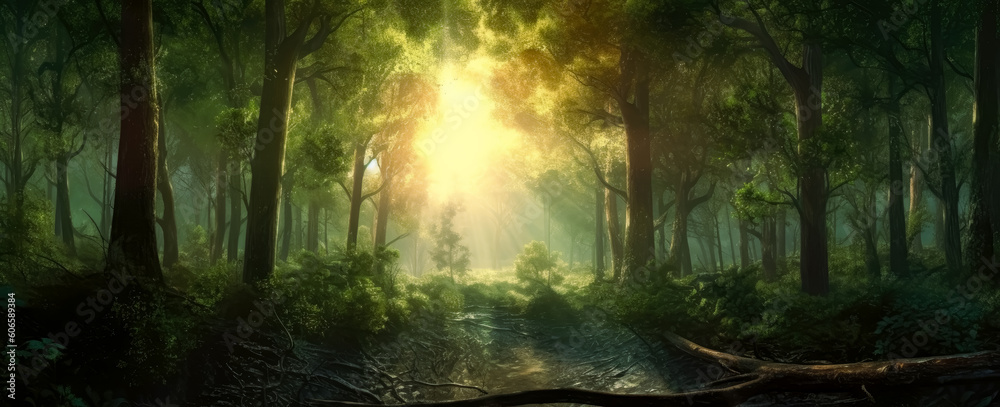 Sun God rays light shining on trees. Generative Ai Illustration.
