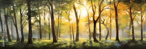 Sun God rays light shining on trees. Generative Ai Illustration.  © Saulo Collado
