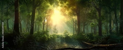 Sun God rays light shining on trees. Generative Ai Illustration. 