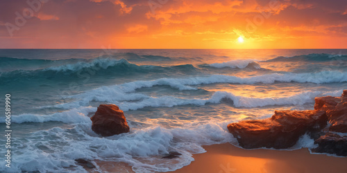 A sunset over the ocean with waves crashing on the shore and big stones in the foreground. Seascape illustration with sand beach  cloudy sky and setting sun. Generative AI