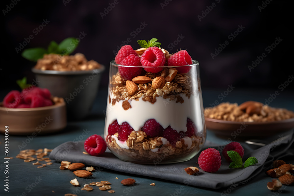 Yogurt granola parfait with sliced nuts and fresh raspberry in a glass jar on dark background. Generative AI. Yogurt granola parfait with sliced nuts and fresh raspberry in a glass jar on dark background. Generative AI.